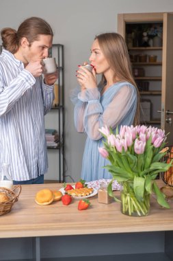 Çilekler, çörekler, waffle 'lar ve masanın üstünde duran vazoda duran muhteşem pembe laleler. Genç bir adam ve uzun saçlı güzel bir kadın kahveden ve birbirlerinin ilgisinden hoşlanırlar..