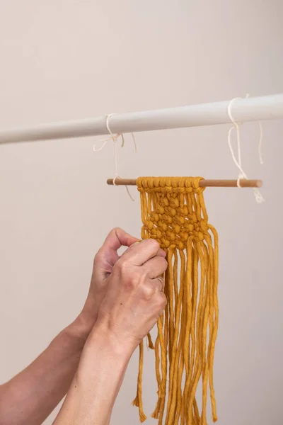 stock image Womans hands weave macrame decor. Handicrafts advertisement. Copy space. High quality photo