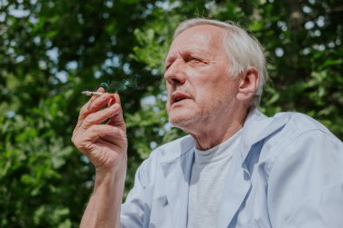 Güneşli bir yaz gününde sigara içen yaşlı bir adam, yaşam tarzı ve yaşlanma, sağlıksız alışkanlıklar ve bağımlılıklar, sigorta reklamı hakkında konuşmak için uygun bir fotoğraf. Yüksek kalite fotoğraf