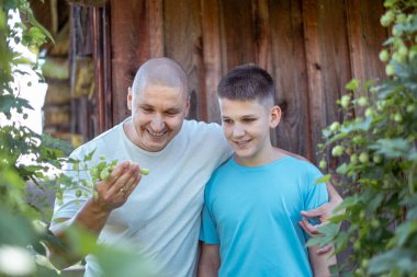 Bir adam ve bir çocuk, baba ve oğul, bahçedeki bitkileri ahşap bir zemin, aile bağları ve seyahatlerde sağlık sigortası ile karşılaştırırken bir neşe anlarını paylaşıyorlar. Yüksek kalite fotoğraf