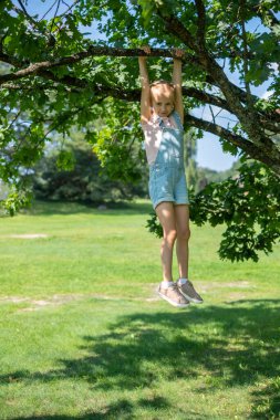 Tasasız bir kız, çocukluk masumiyetini ve yaz macerasının ruhunu somutlaştıran bir ağaç dalından sallanarak mutlu mesut sarkmaktadır. Yüksek kalite fotoğraf