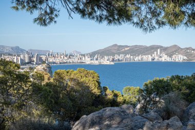 Yeşil bir tepeden görülen kıyı kenti siluetinin panoramik görüntüsü, kentsel ve doğal manzaraların birleşimi. Yüksek kalite fotoğraf