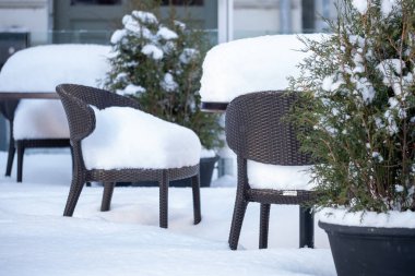 Karla kaplı boş sandalyeler ve yemyeşil bir kafenin masaları serin bir günde sakin bir kış ortamı yaratıyor..