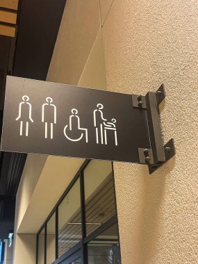 Tuvalet tabelasında çeşitli kullanıcılar için kamu ortamlarında dahil edilebilirlik ve erişilebilirliğin vurgulandığı erkekler, kadınlar, erişilebilir ve aile tesisleri için semboller gösteriliyor