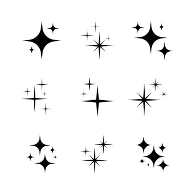 Parıldayan Yıldız Simgeleri Siluet Koleksiyonu. Beyaz Arkaplanda Dekoratif Siyah Yıldızlar. Modern Vektör İllüstrasyonu