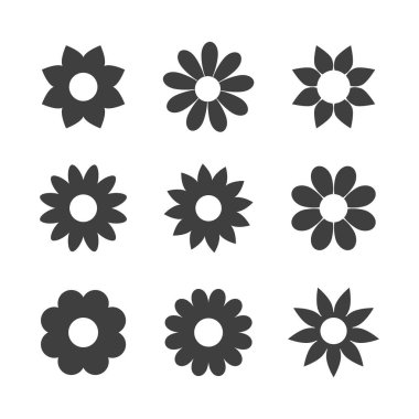 Siluet dekoratif çiçek ikonu seti. Siyah farklı tarz çiçek ikonları koleksiyonu