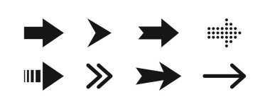 Düz ok düğmesi simgeleri ayarlandı. Farklı biçim siyah siluet işaretleyici ağ okları koleksiyonu