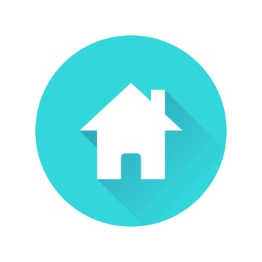 Ev, uzun gölge ikonu etrafında dönüyor. Mavi dairesel vektör illüstrasyonunda beyaz adres işareti işareti