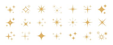 Altın parıldayan yıldızlar ikon koleksiyonu. Farklı ağ elementlerine sahip bir dizi altın yıldız ikonu. Dekorasyon için parlak sarı yıldızlar