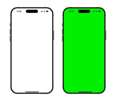 Yeşil ve beyaz ekran cep telefonu modelleme seti. Reklam ve kullanıcı arayüzü tasarımı için modern akıllı telefon aygıtları