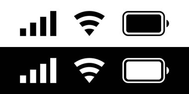 Bilgilendirme çubuğu wifi sinyal pil arayüzü simgeleri. Telefon ui vektör illüstrasyonunun siyah beyaz simgesi