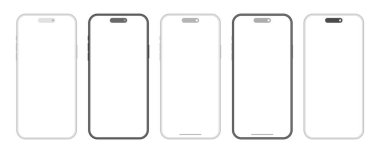 Modern akıllı telefon cihazları şablon seti. Kullanıcı arayüzü tasarımı için boş görüntülü siyah gri çerçeve cep telefonları