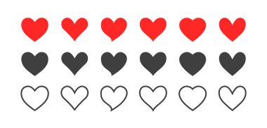 Kalpler siyah kırmızı renkte, düz dış hatlar simgesi beyaza ayarlanmış. Dekoratif kalp retro sembol toplama vektör çizimi