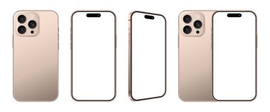 En son akıllı telefon cihazı. Ön ve arka görüş modelleme seti var. Ürün reklamları ve sosyal medya kullanıcı arayüzü tasarımı için gerçekçi cep telefonu boş ekran şablonu