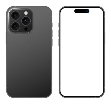 Cep Telefonu Model Şablonu Ön Arka Açı. Siyah Çerçeve Akıllı Telefon Boş Görünüm Kullanıcı Arayüzü Vektör Çizimi