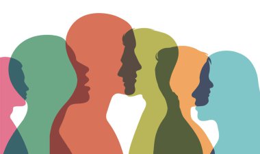 Kadın ve erkeklerden oluşan bir grup, insanların çeşitliliği renkli sosyal mesaj vektörü örneklendirmesi