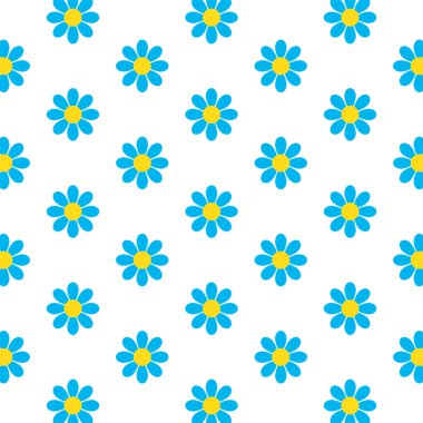 Blue daisy chamomile flower repeat pattern on white background, vector illustration