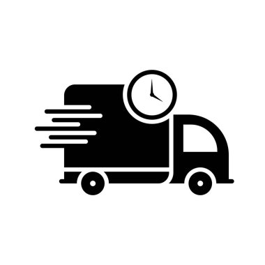 Teslimat kamyonu beyaz arkaplanda saat simgesi taşıyordu. Hızlı iş logosu işareti vektör illüstrasyonunu ifade et