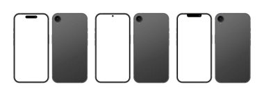 Mobile phone devices with blank display, front and back angle mockup collection. Smartphone template set in black frame, vector illustration