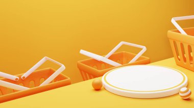 Sarı arka planda alışveriş sepetli ürün podyumu. 3 boyutlu görüntüleme. 3d illüstrasyon.