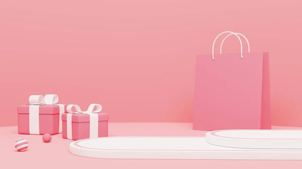 stock image Product display podium on pastel background with shopping bag and gift box. 3D rendering. 3d illustration.