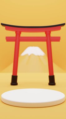 Japon tarzı arka planda sunulan ürün podyumu. Fuji, torii ve fener. 3 boyutlu görüntüleme. 3d illüstrasyon.