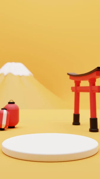 Product display podium on Japanese style background with Mt. Fuji, torii and lantern. 3D rendering. 3d illustration.