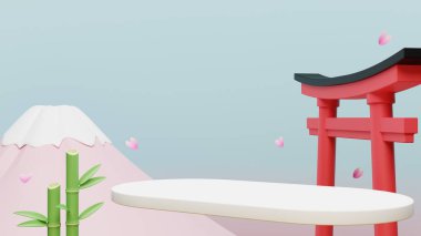 Japon tarzı arka planda sunulan ürün podyumu. Fuji, torii ve bambu. 3 boyutlu görüntüleme. 3d illüstrasyon.