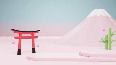 Japon tarzı arka planda sunulan ürün podyumu. Fuji, torii ve bambu. 3 boyutlu görüntüleme. 3d illüstrasyon.