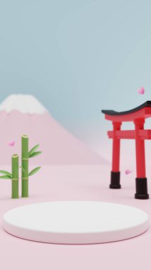 Japon tarzı arka planda sunulan ürün podyumu. Fuji, torii ve bambu. 3 boyutlu görüntüleme. 3d illüstrasyon.
