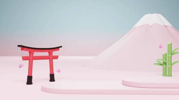 Product display podium on Japanese style background with Mt. Fuji, torii and bamboo. 3D rendering. 3d illustration.