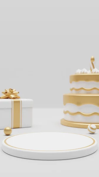 誕生日ケーキとギフトボックス付きの製品ディスプレイ表彰台 3Dレンダリング 3Dイラスト — ストック写真
