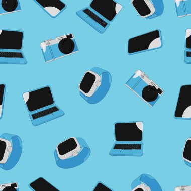 Akıllı telefonlu, akıllı seğirmeli, kameralı ve dizüstü bilgisayarlı elektrikli aletler. Duvar kağıtları, ambalajlar, tekstil baskıları, arka planlar için çizgi film düz tasarımı.