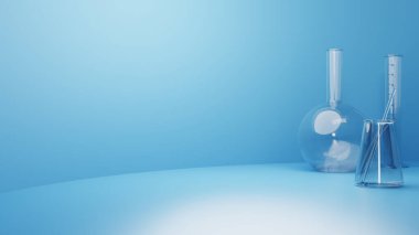Ürün vitrinleri ve laboratuvar cam takımları. 3 boyutlu görüntüleme. 3d illüstrasyon.