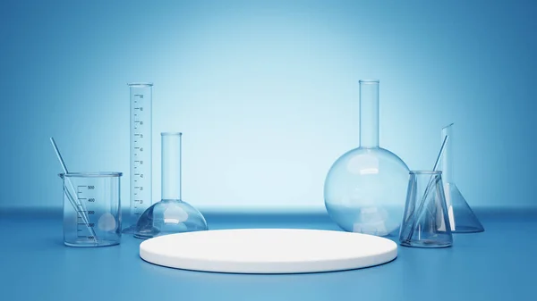 stock image Product display podium and set of laboratory glassware. 3D rendering. 3d illustration.