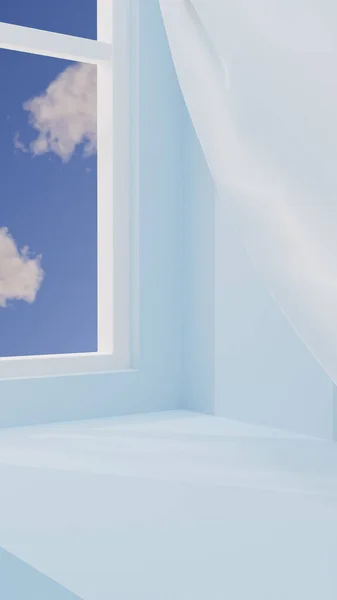 Blue Room Corner Window Curtain Blue Sky Rendering Illustration — Fotografia de Stock