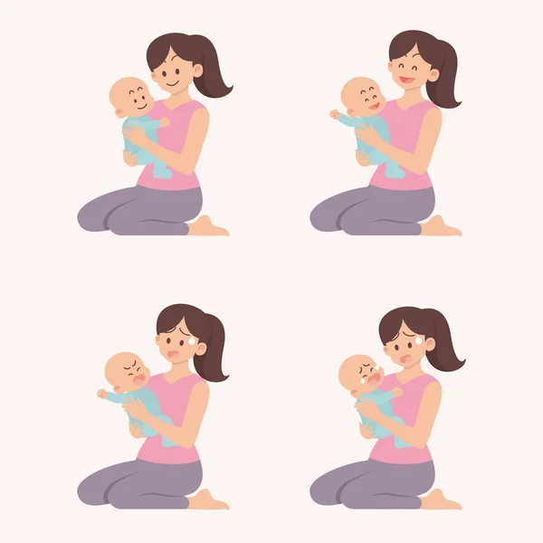 Set Young Mother Sitting Holding Baby Different Actions Emotions Smiling — Stock Vector