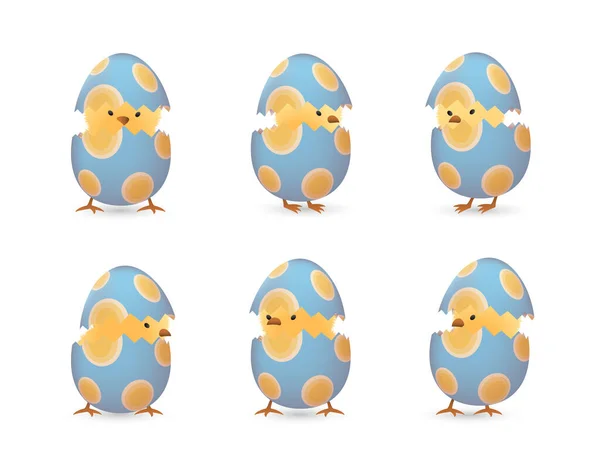 小鸡在破裂的复活节蛋与卵子设置 — 图库矢量图片