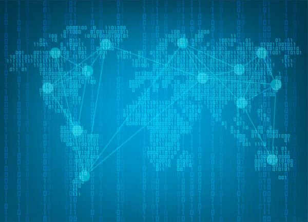 青のバイナリコード番号とデジタル番号世界地図背景 — ストックベクタ