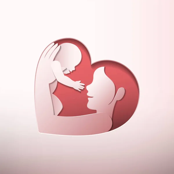 Smiling Mother Raising Baby Air Heart Shaped Silhouette Paper Cutting — Stock Vector
