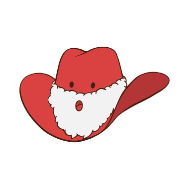 Red Christmas cowboy hat with Santa white fluffy beard, eyes and mouth hand drawn illustration clipart