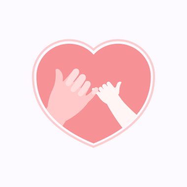 Annenin büyük eli ve bebeğin küçük eli pembe kalp şekilli kare siluet düz dizaynlı küçük bir söz veriyor.