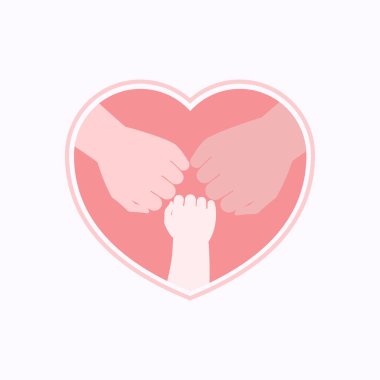 Bebeğin küçük yumruğunun üst görüntüsü ve iki büyük ebeveyn yumruğunun pembe kalp şeklindeki çerçeveye çakışması düz çizim.