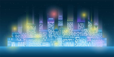 Geceleri parlayan ışık, gökdelenler, yıldızlar ve karanlık gökyüzü resimleriyle panoramik şehir manzarası