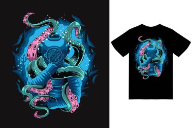 Dalgıç ahtapot illüstrasyonuyla t-shirt tasarımı premium vektörü ile savaşıyor 
