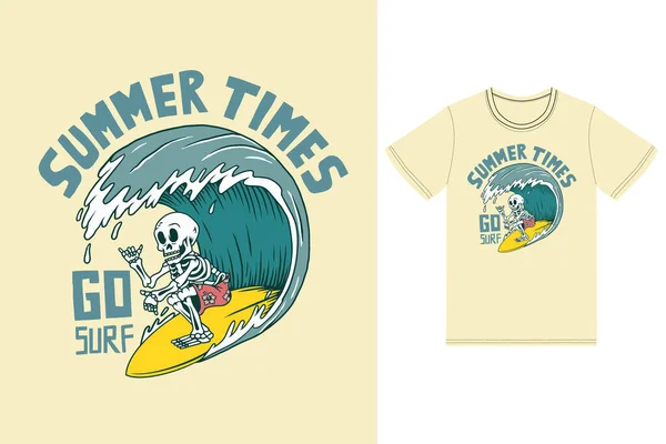 Ilustração Surf Crânio Com Vetor Premium Design Tshirt — Vetor de Stock