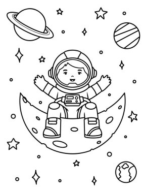 Cute astronaut sitting on the moon coloring book vector