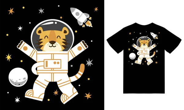 Cute Tigre Astronauta Espaço Ilustração Com Tshirt Design Premium Vetor — Vetor de Stock