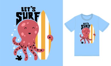 Tişört tasarımı premium vektörüyle şirin ahtapot sörfü