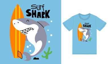 Tişört tasarımlı şirin köpekbalığı sörfü premium vektörü